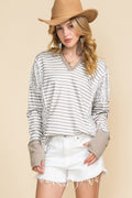 White Striped and Leopard Patchwork V Neck Long Sleeve Top