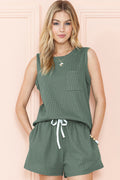 Mist Green Waffle Knit Tank Top & Shorts Set