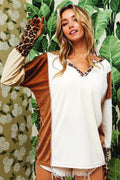 White Leopard Patchwork Notch Neck Thumbhole Long Sleeve Top