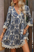 Sky Blue Ethnic Print Lace Trim V Neck 3/4 Sleeve Mini Dress