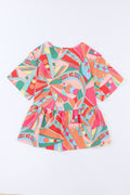 Multicolor Boho Abstract Pattern Split V Neck Flowy Top