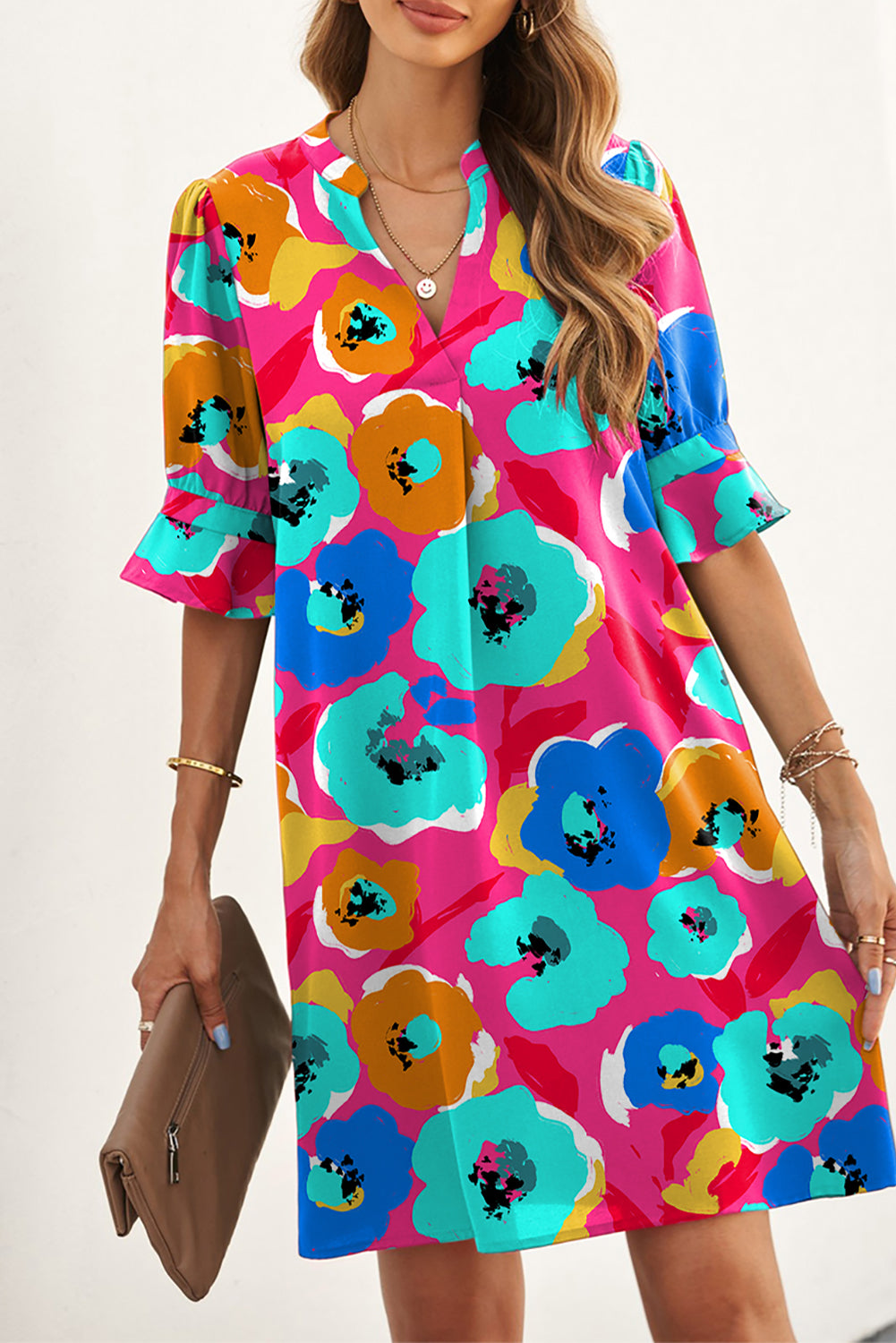 Multicolor Floral Print Mandarin Collar Short Sleeve Tunic Dress