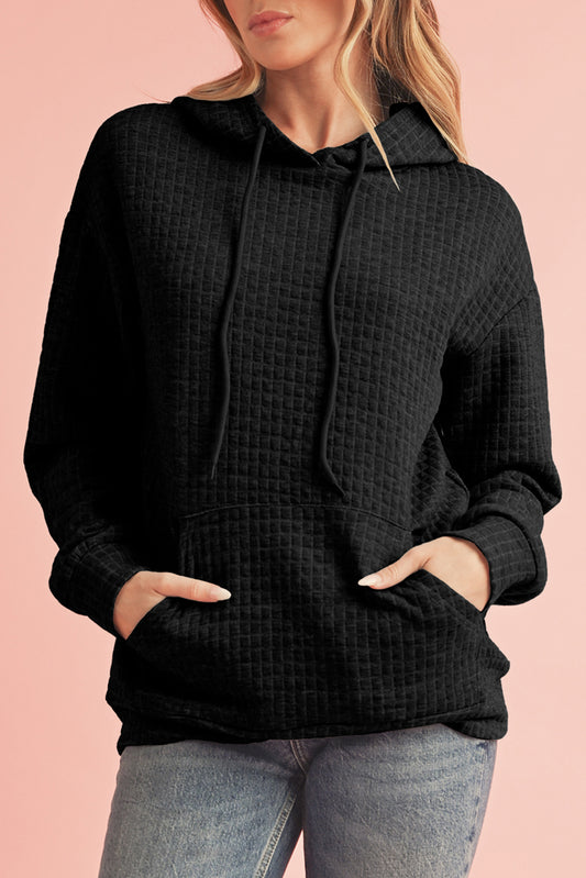 Black Lattice Textured Kangaroo Pocket Drawstring Hoodie