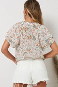 Multicolor Floral Button Notch Neck Ruffle Sleeve Blouse