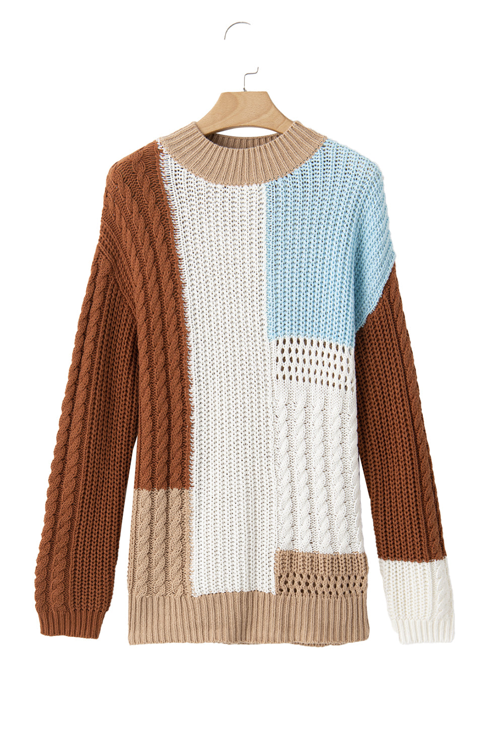 Khaki Mix Textured Knit Colorblock Mock Neck Sweater