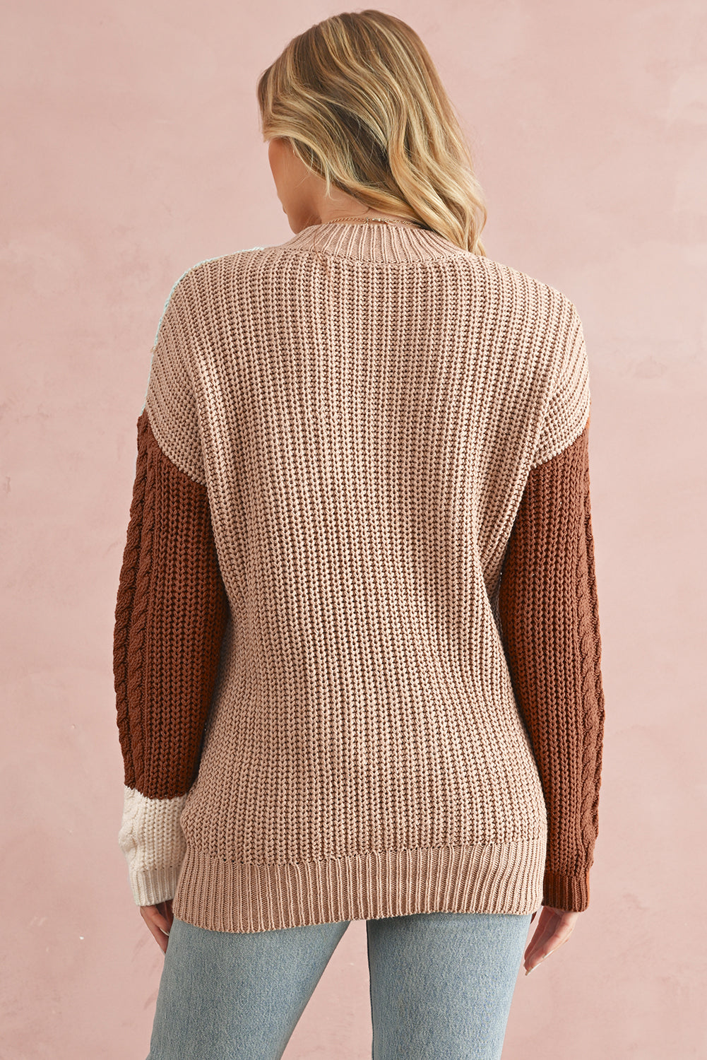 Khaki Mix Textured Knit Colorblock Mock Neck Sweater