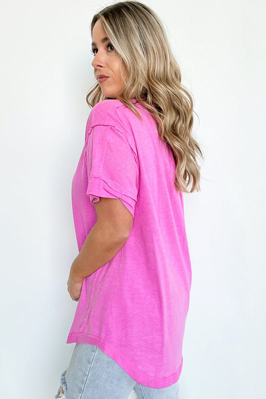 Rose Solid Button Short Sleeve Henley Top