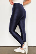 Navy Blue Crossed Dip Waist Sleek Leather Leggings