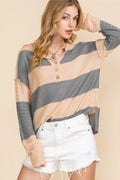 Khaki Colorblock Ribbed Contrast Trim Henley Sweater