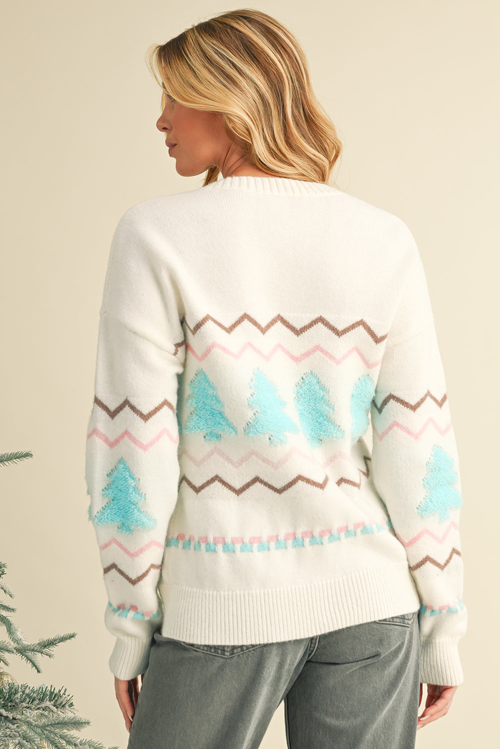 White Christmas Tree Wavy Striped Drop Sleeve Sweater