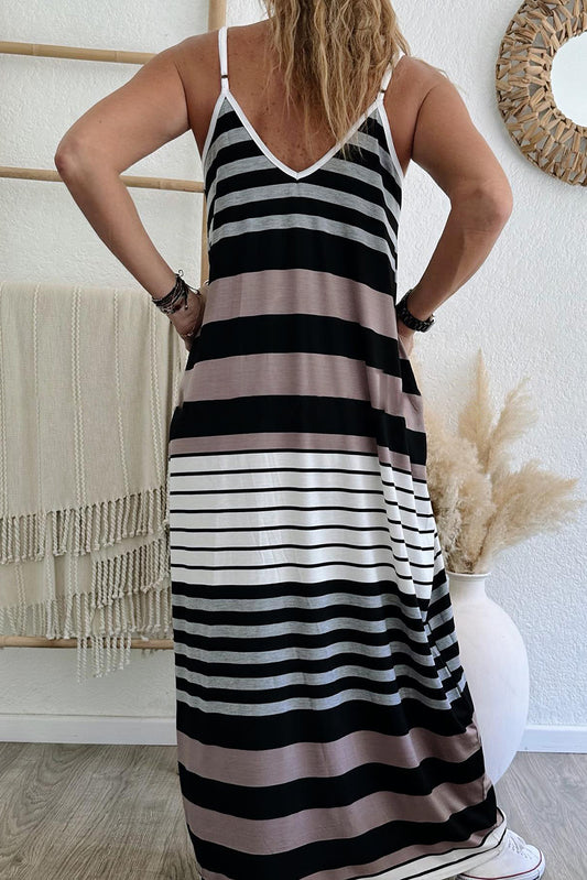 Multicolour Stripes Spaghetti Straps V Neck Maxi Dress