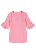 Peach Blossom Ruffled Short Sleeve V Neck Textured Shirt