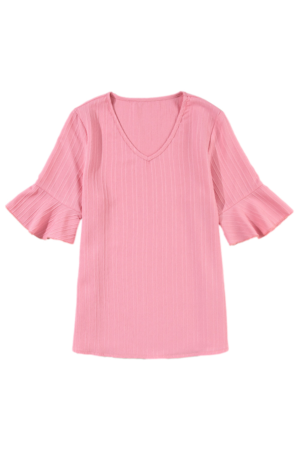 Peach Blossom Ruffled Short Sleeve V Neck Textured Shirt