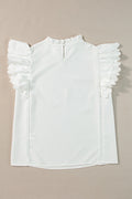 White Solid Color Scalloped Ruffle Sleeve Blouse