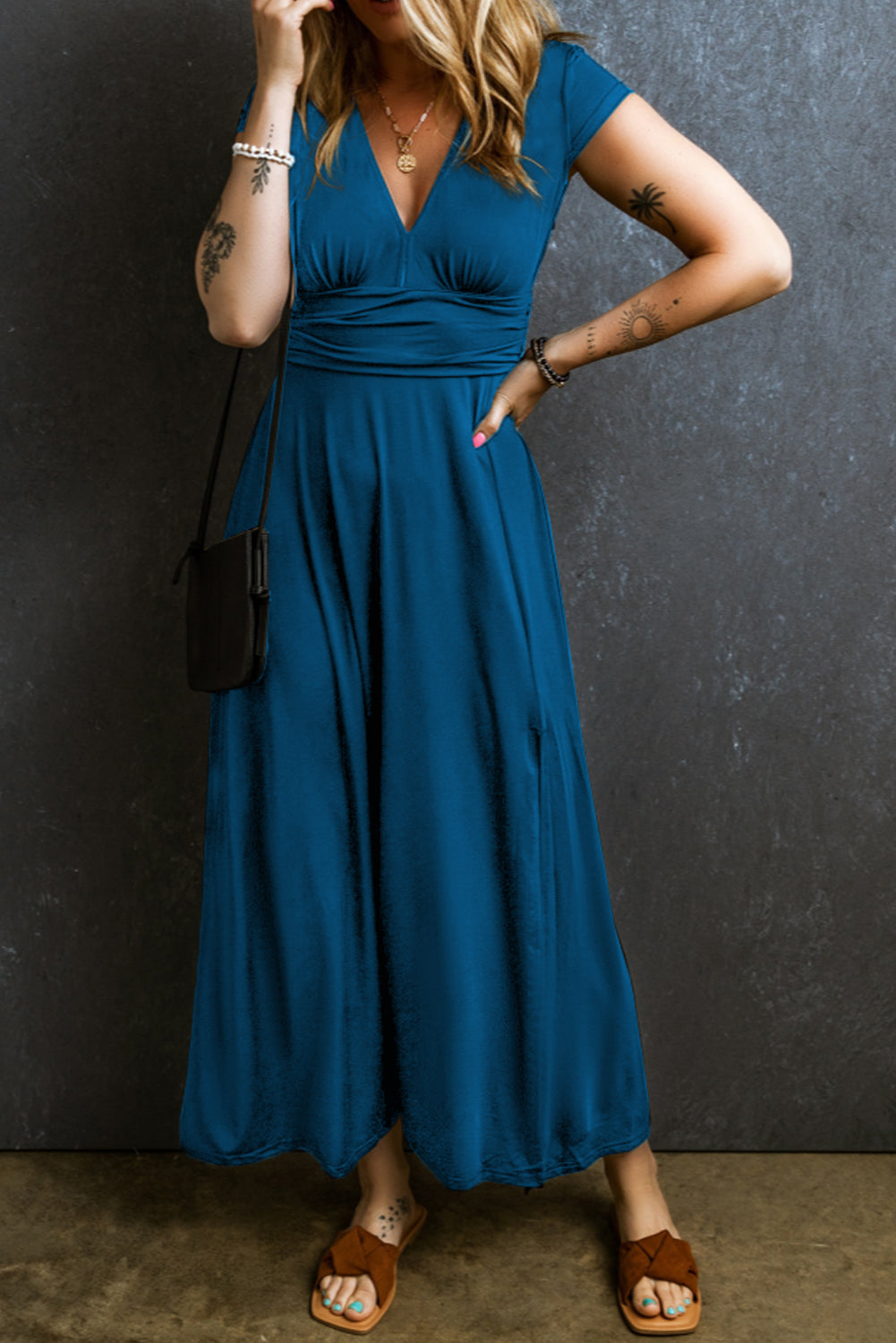 Black Deep V Neck Ruched High Waist Maxi Dress