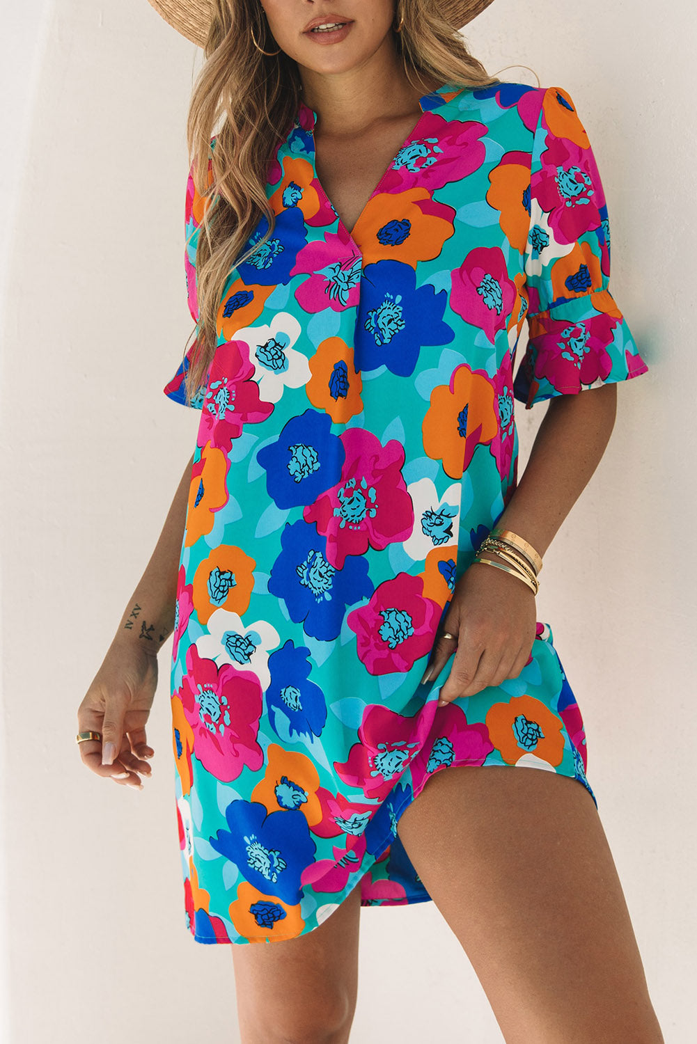 Multicolor Floral Print Mandarin Collar Short Sleeve Tunic Dress