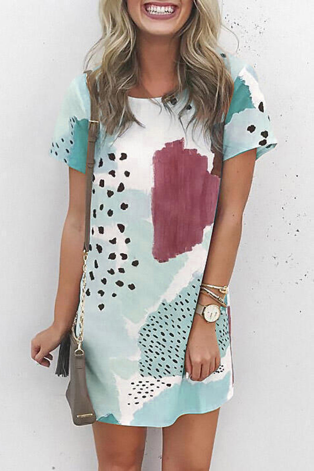 Tie Dye and Spotted Print Color Block Casual T Shirt Summer Dress