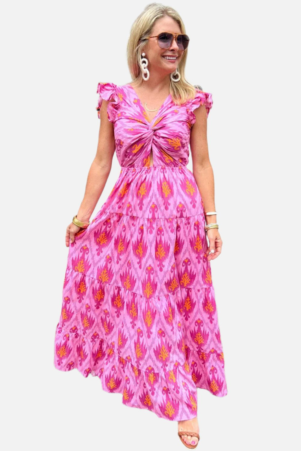 Bonbon Boho Abstract Print Ruffle Tiered Maxi Dress