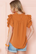 Grapefruit Orange Ruched Frilled Neck Ruffle Blouse