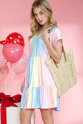 Multicolor Striped Rainbow V Neck Short Sleeve Tiered Dress