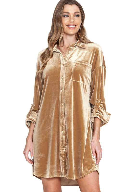 Flaxen Velvet Button Front Shirt Mini Dress