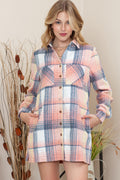 Pink Plaid Roll-tab Sleeve Side Slit Shirt Dress