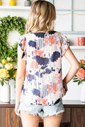 Pink Abstract Print V Neck Boho Shirred Ruffle Sleeveless Shirt