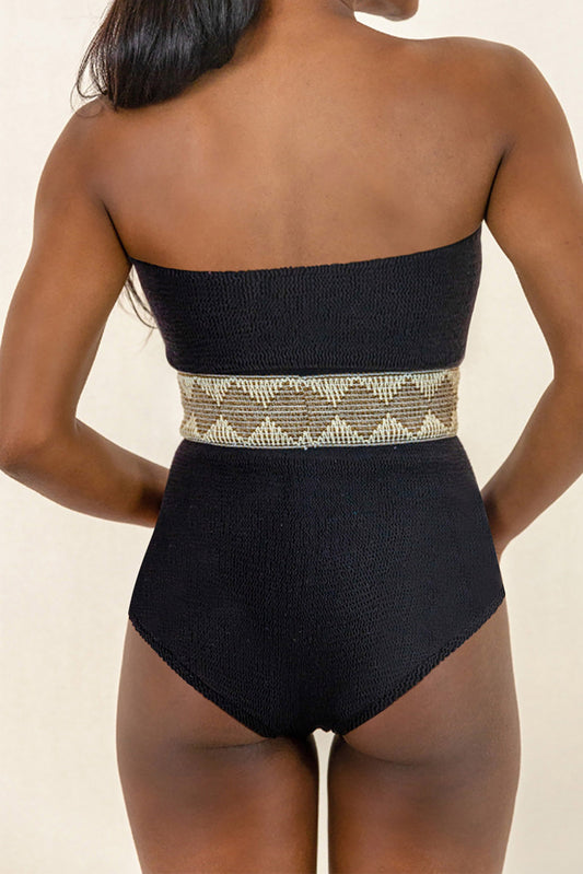 Black Geometric Splicing High Waist Strapless One Piece Swimsuit