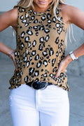 White Cheetah Print Sleeveless Crew Neck Tank Top for Women