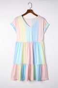 Multicolor Striped Rainbow V Neck Short Sleeve Tiered Dress