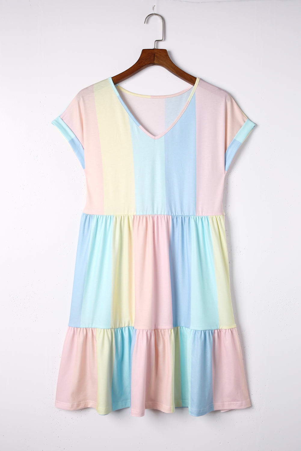 Multicolor Striped Rainbow V Neck Short Sleeve Tiered Dress