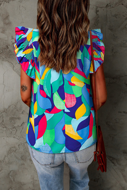 Multicolor Abstract Print Ruffle Sleeve Casual Blouse for Women