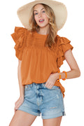 Grapefruit Orange Ruched Frilled Neck Ruffle Blouse