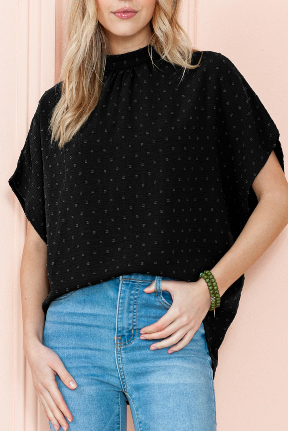 Black Swiss Dot Mock Neck Batwing Sleeve Blouse