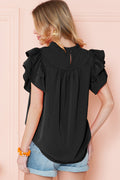 Grapefruit Orange Ruched Frilled Neck Ruffle Blouse