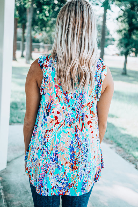 Dark Blue Abstract Print Babydoll Ruffle Sleeveless Shirt