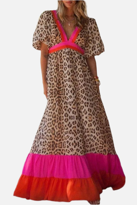 Bright Pink V-neck Leopard Print Colorblock Maxi Dress