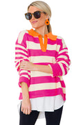 Rose Stripe Color Block Collared V Neck Drop Shoulder Sweater