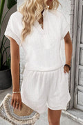 White Eyelets V-neck Blouse and Pockets Shorts Set