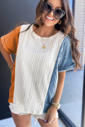 Light Blue Color Block Textured Loose Fit T Shirt