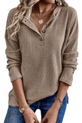 Rose Drop Shoulder Ribbed Knit Long Sleeve Henley Top