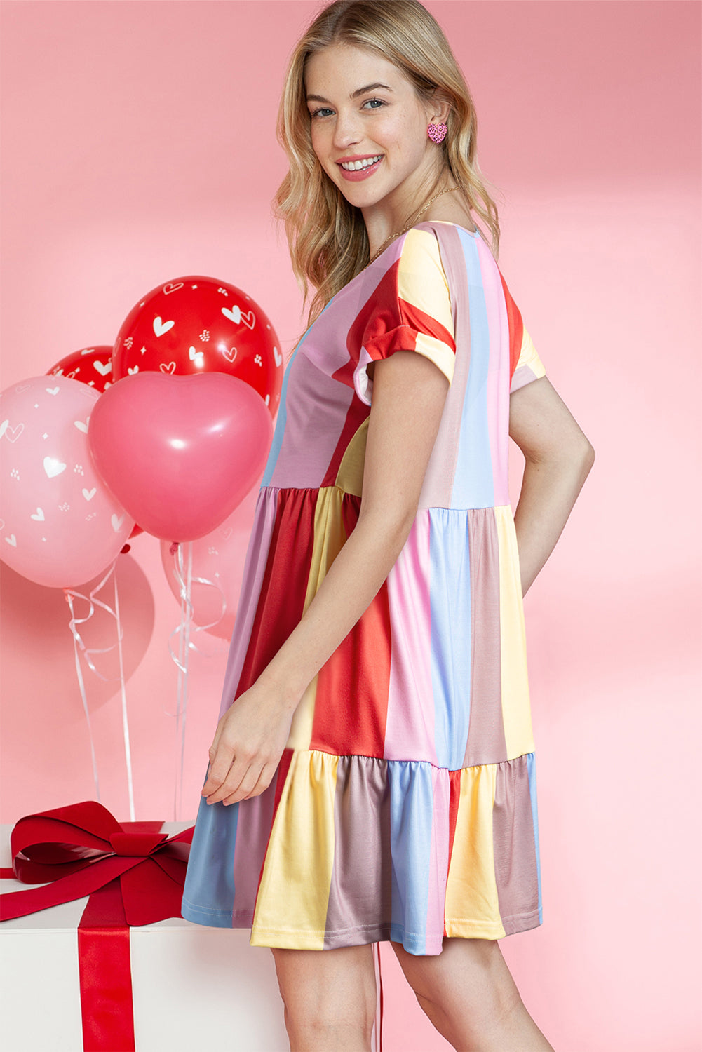 Multicolor Striped Rainbow V Neck Short Sleeve Tiered Dress