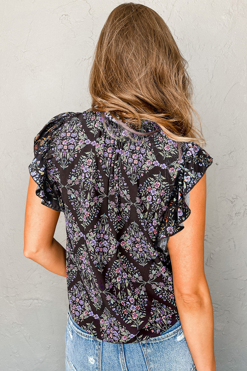 Black Boho Floral Tied V Neck Ruffle Shoulder Blouse