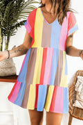 Multicolor Striped Rainbow V Neck Short Sleeve Tiered Dress