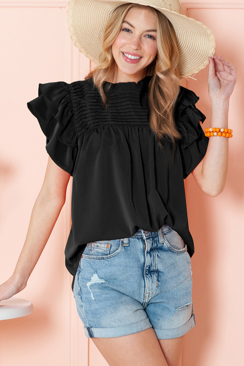 Grapefruit Orange Ruched Frilled Neck Ruffle Blouse