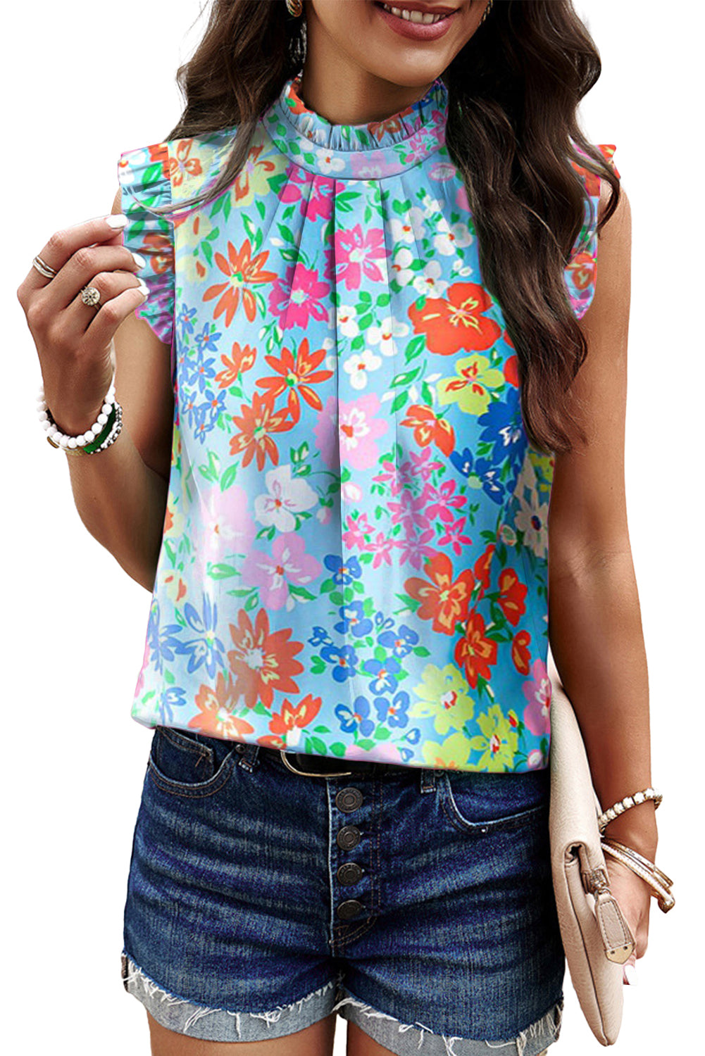 Sky Blue Boho Floral Print Frill Neck Pleated Sleeveless Blouse