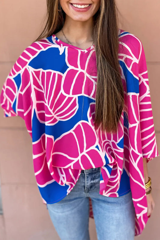 Pink Floral Print Puff Sleeve Shirred Cuffs Boho Shirt