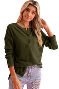 Rose Drop Shoulder Ribbed Knit Long Sleeve Henley Top