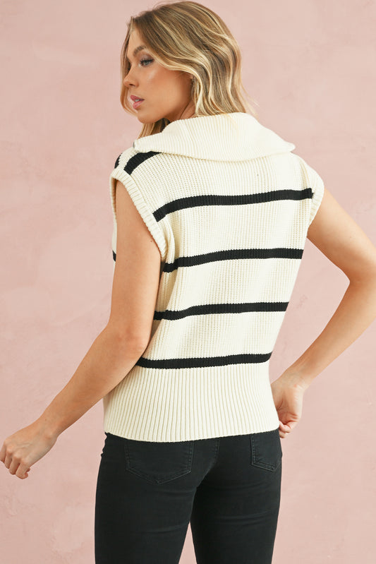 White Stripe Zipped Collar Cap Sleeve Knit Top