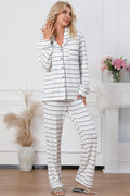 White Striped Print Long Sleeve Top & Drawstring Pants Pajamas Set